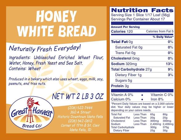 Honey White Nutrition Label