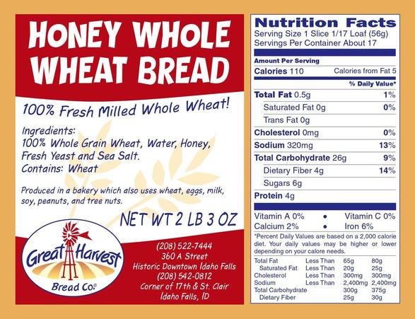 Honey Whole Wheat Nutrition Label